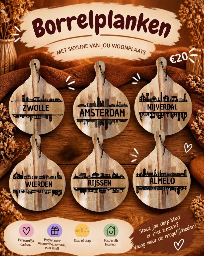 Borrelplank/serveerplank skyline, Beige, Hout, Snij-/serveerplank, Nieuw