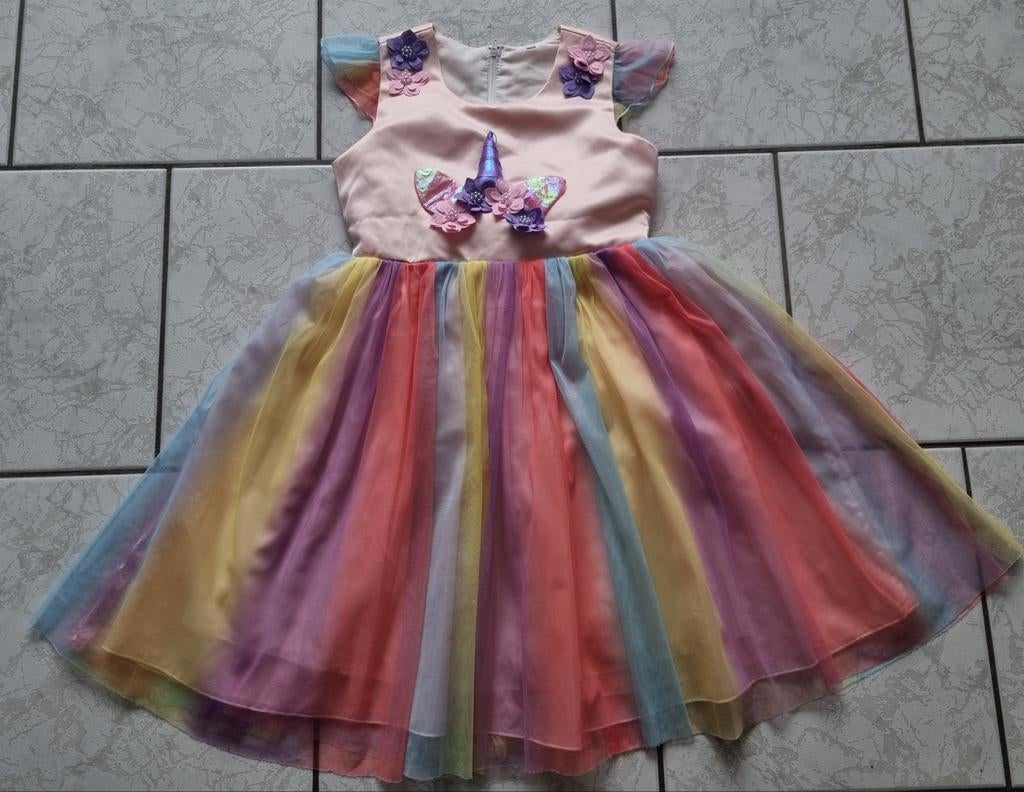 Feestjurk Eenhoorn Regenboog Maat 128, Kinderen en Baby's, Kinderkleding | Maat 128, Ophalen of Verzenden, Zo goed als nieuw, Meisje