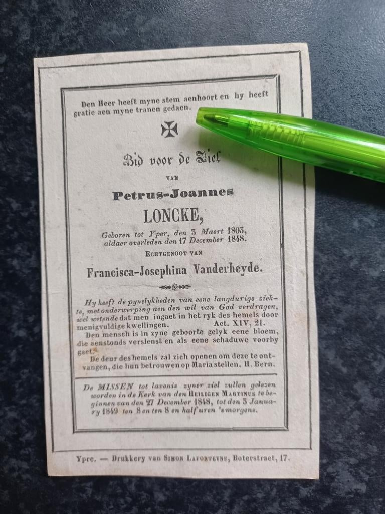 Bidprentje Yper Petrus Loncke 1803 1848, Ophalen, Bidprentje