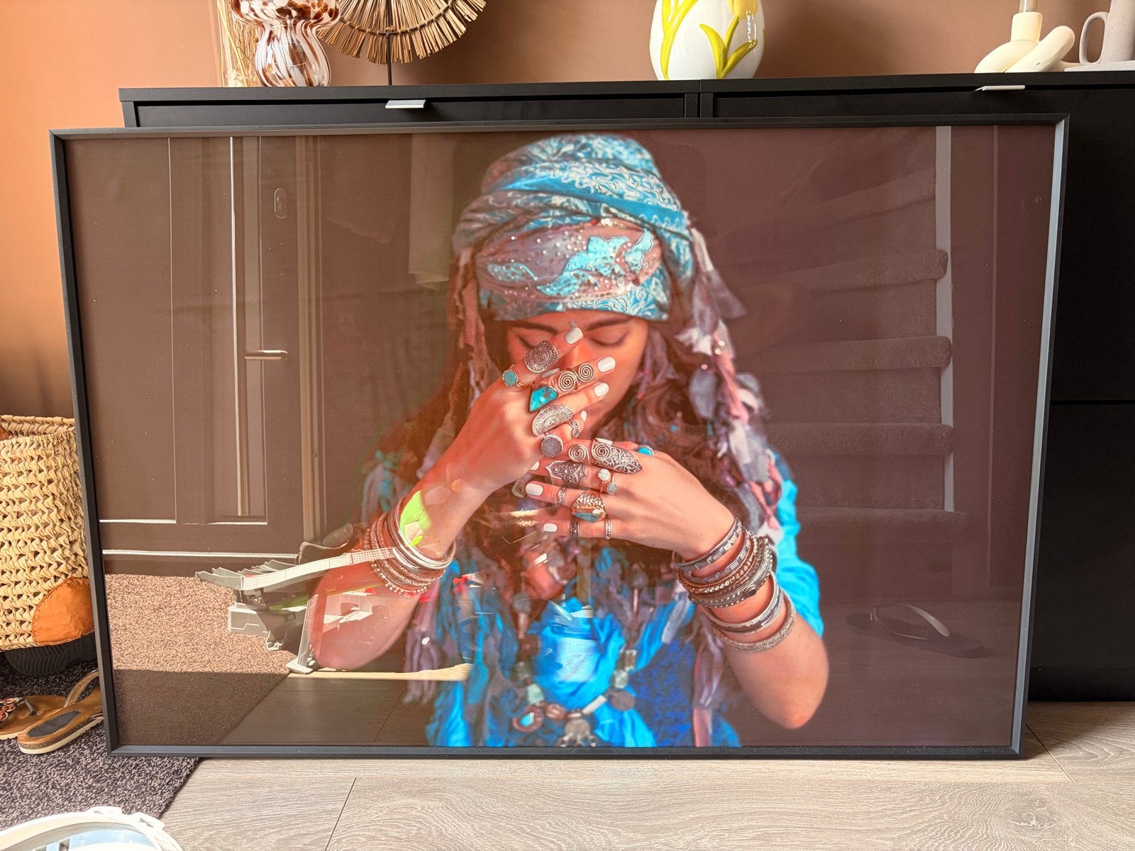 Schilderij: PTMD Melani Glass Art Wall Picture Woman Blue, Ophalen, Ingelijst, Print, Overige materialen