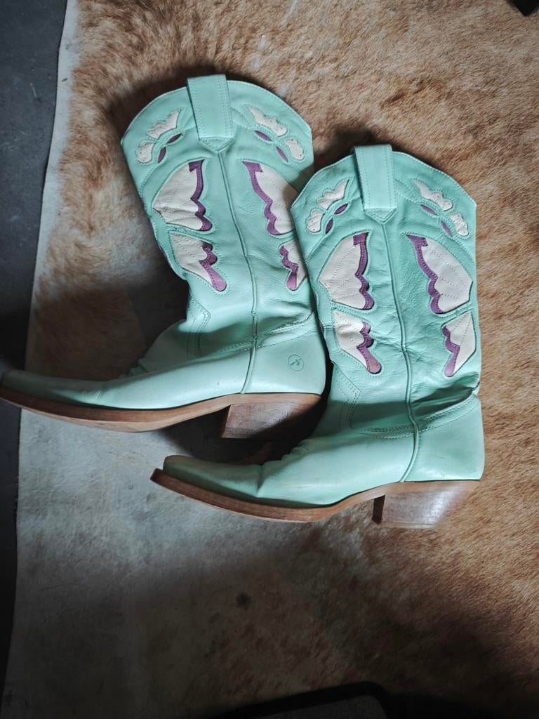 Bronx Leren Cowboylaarzen Dames - Mintgroen, Lila, Crème, Hoge laarzen, Bronx, Ophalen of Verzenden, Groen