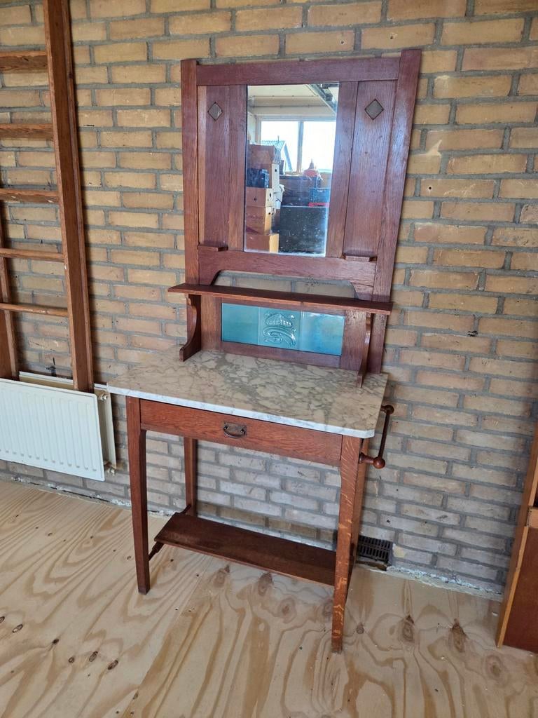 Antieke kaptafel met marmerblad en spiegel, Ophalen, Gebruikt, 50 tot 100 cm, Minder dan 100 cm