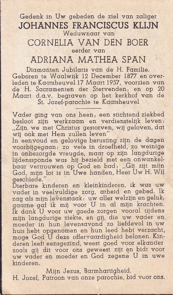 Klijn Johannes 1877 Waalwijk 1957 Kaatsheuvel, Ophalen of Verzenden, Bidprentje