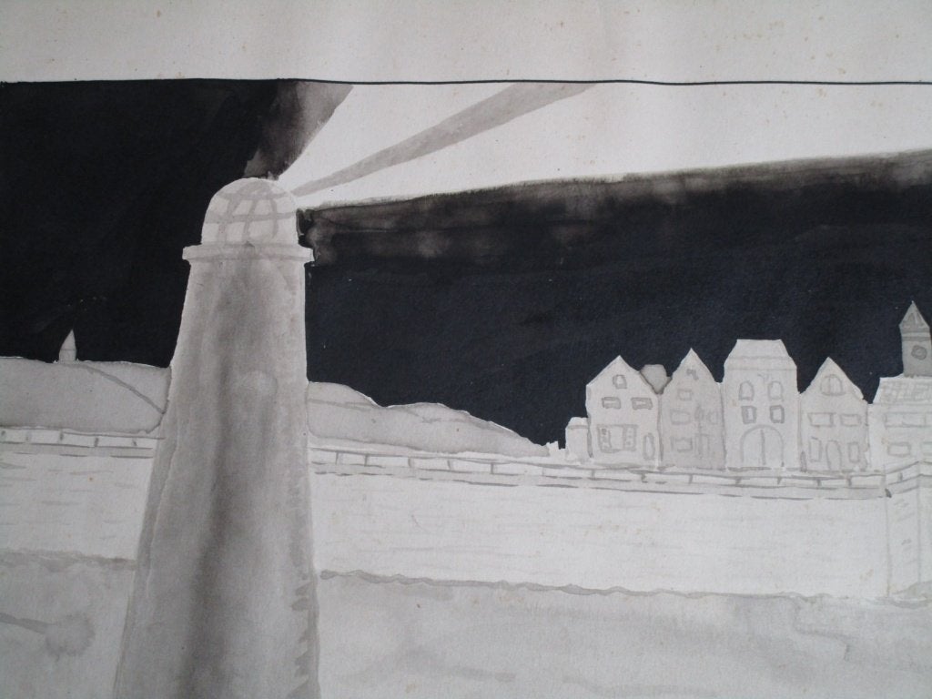 Nr.59: Oude tekening Aquarel Schilderij Vuurtoren met Skylin, Overige stijlen, Overige technieken, Ophalen of Verzenden, Landschap