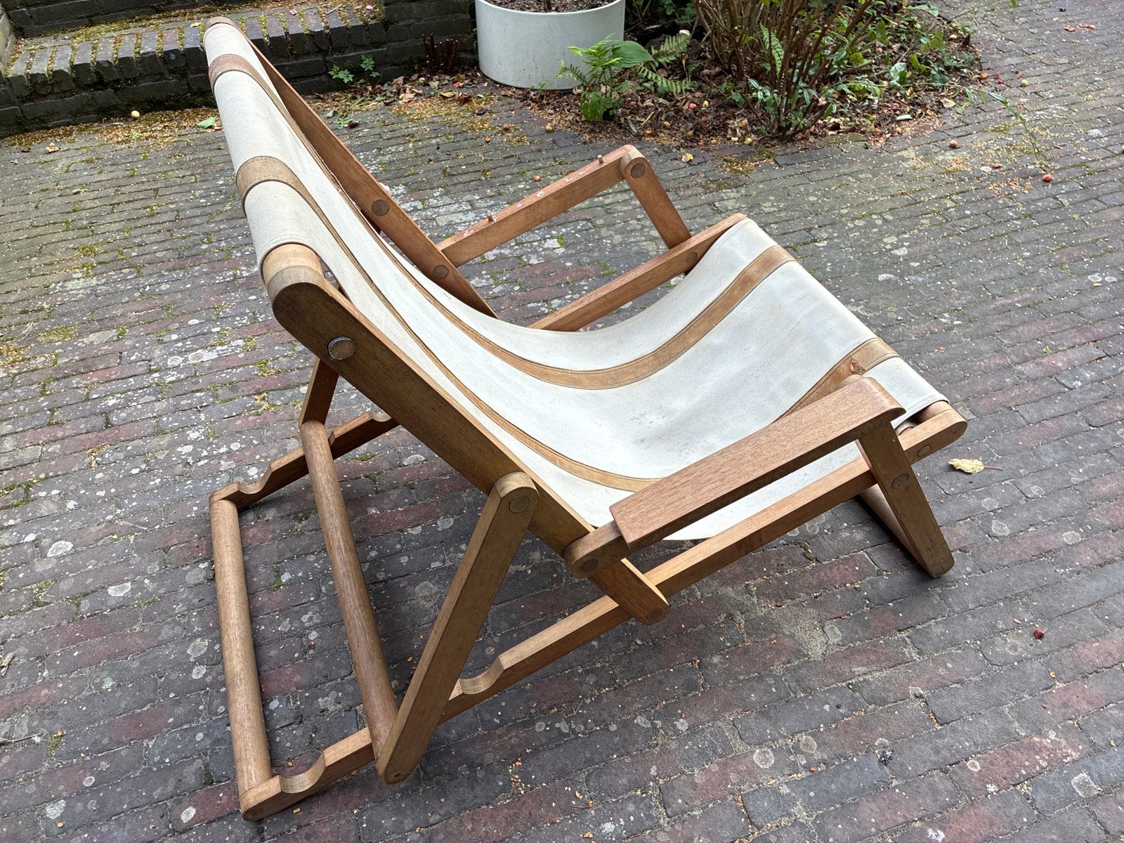 Vintage houten strandstoel / ligstoel, Ophalen, Gebruikt, Overige kleuren, Eén