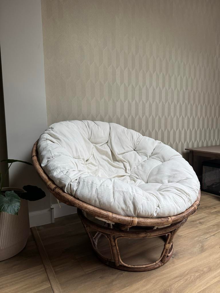 Comfortabele Papasan stoel met kussen, Huis en Inrichting, Ophalen, Gebruikt, Wit, Riet of Rotan
