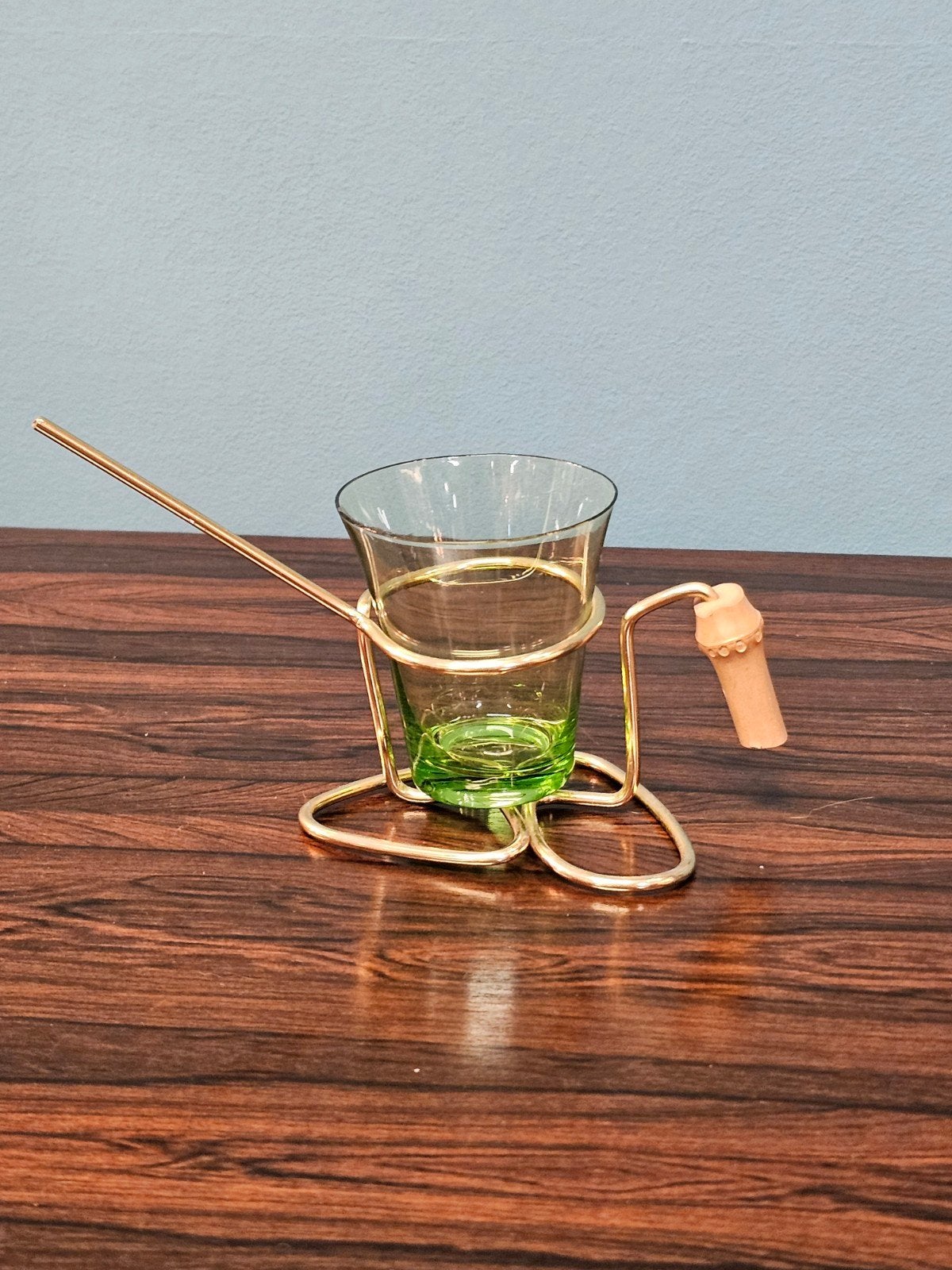 Vintage Snackrekje Groen Glaas Messing Houder, Ophalen of Verzenden