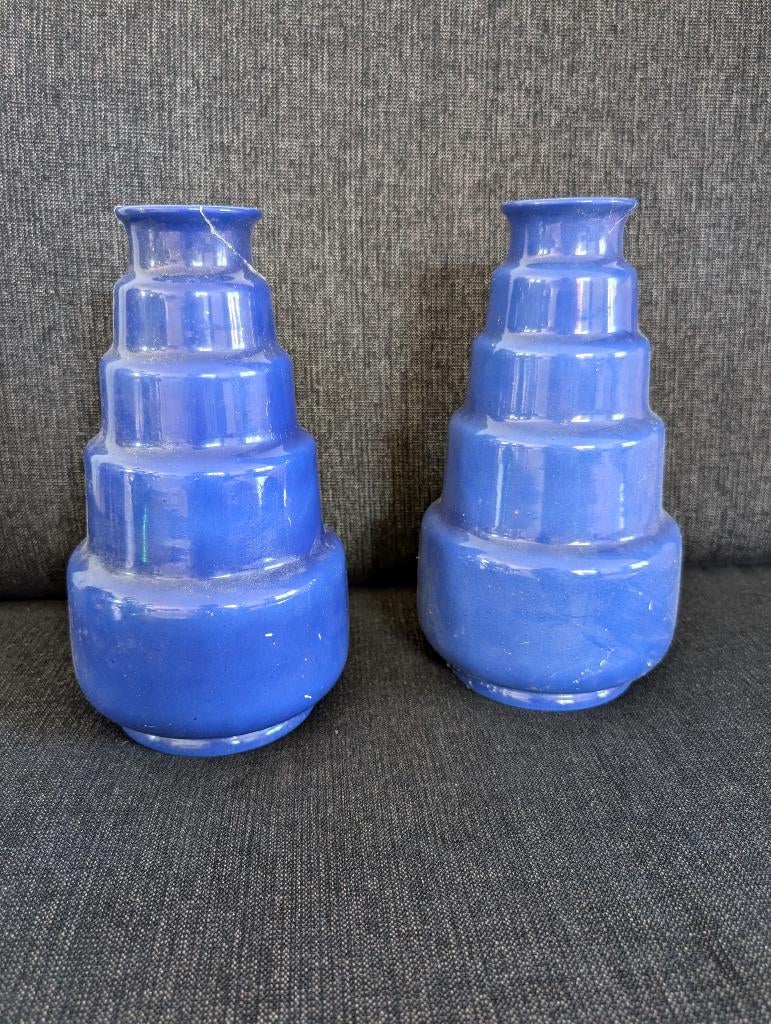 Société Céramique vaas, Ophalen, Blauw, Aardewerk of Porselein, Minder dan 50 cm