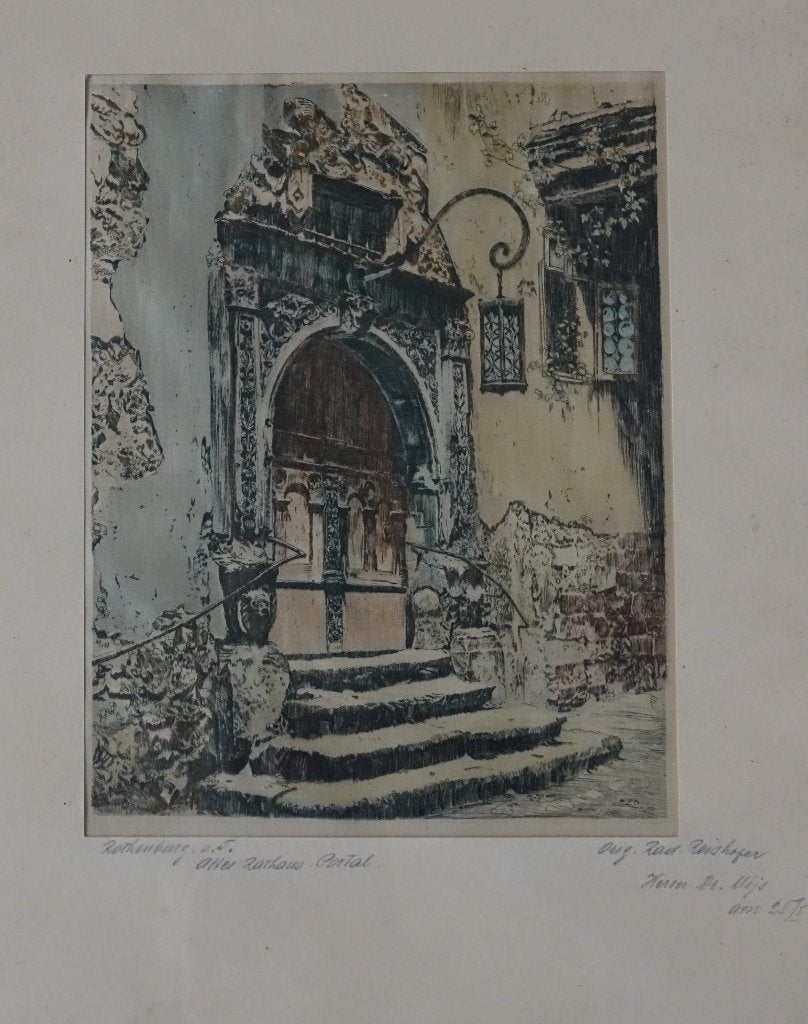 ets, Ingelijst, Ets, Stadsgezicht, 43 cm