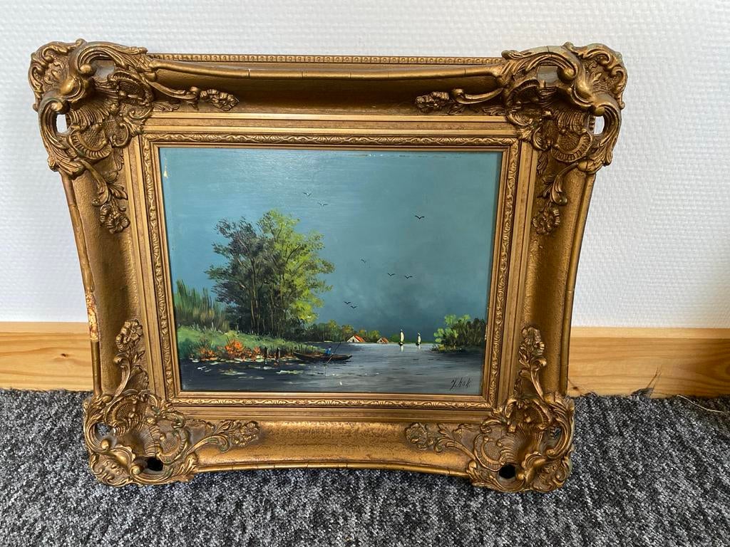 Schilderij J. Kok - Landschap met water en boten, Antiek en Kunst, Kunst | Schilderijen | Klassiek, Ophalen
