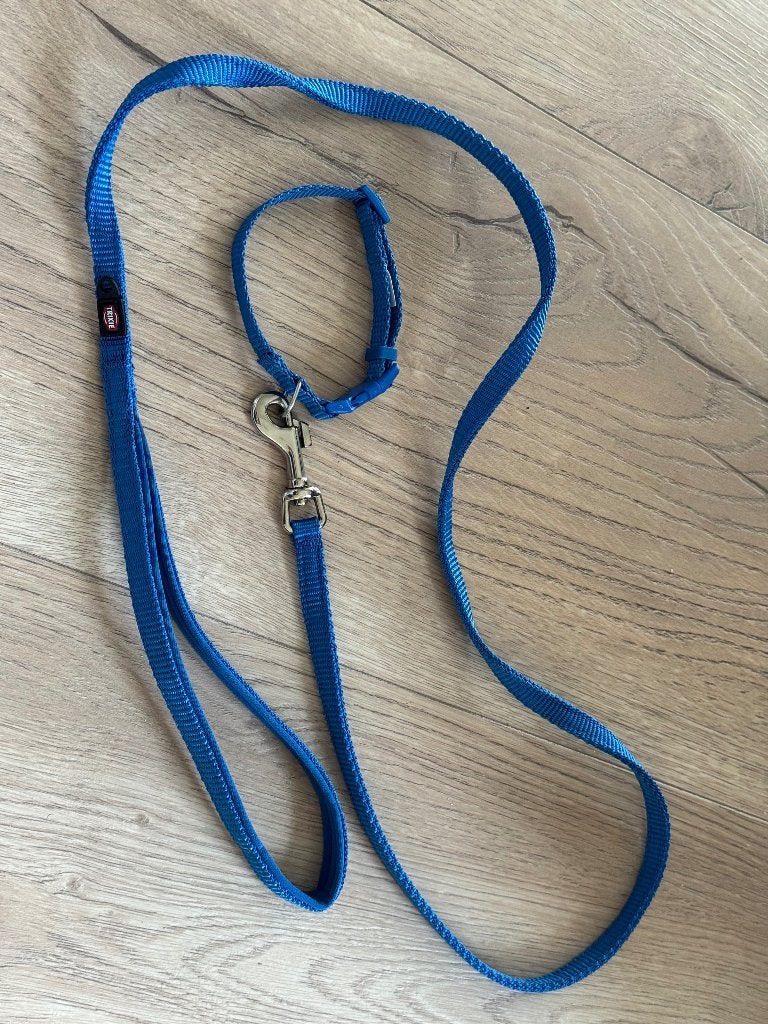 Trixie looplijn + halsband — blauw — voor pup / kleine hond, Dieren en Toebehoren, Ophalen of Verzenden, Zo goed als nieuw, Hondenriem