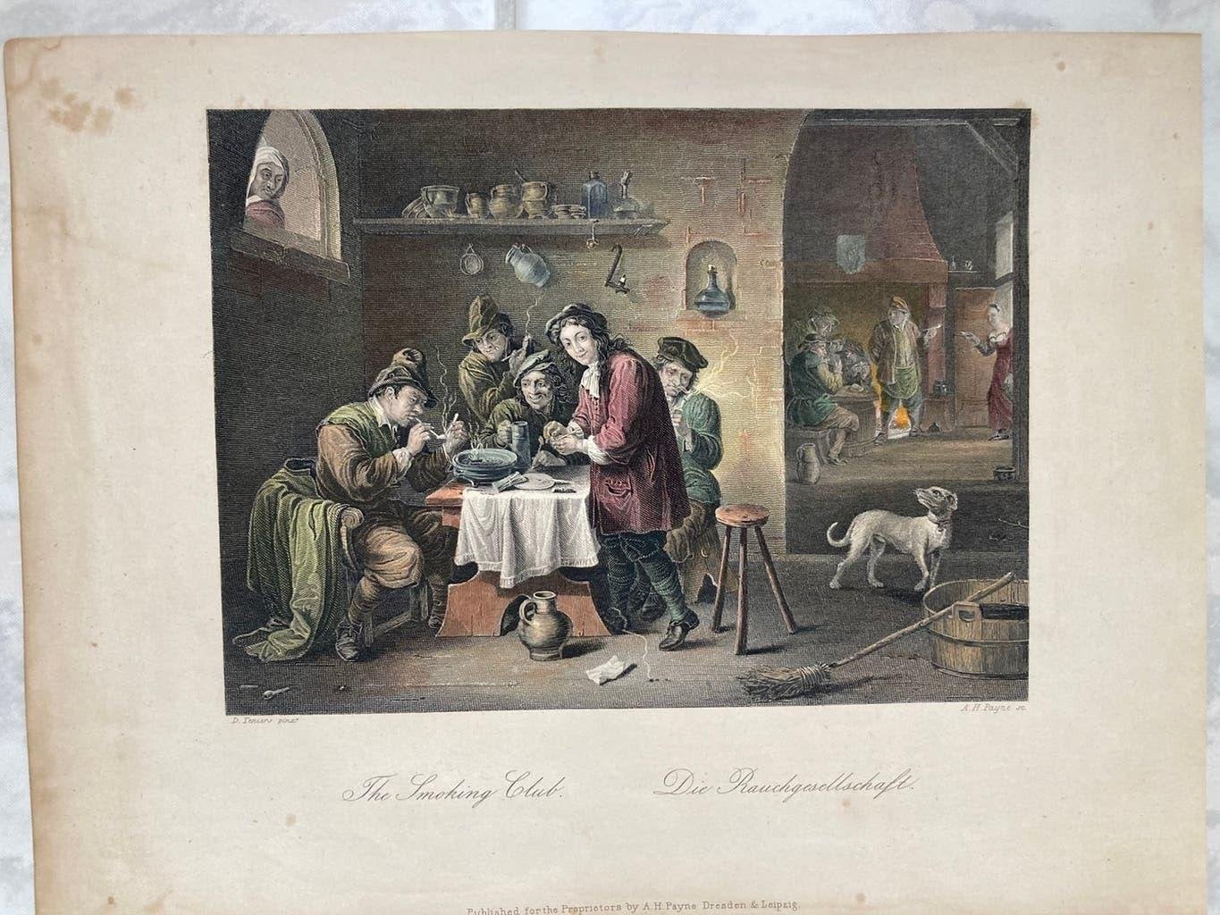 Antieke gravure van een rookclub, A.H. Payne, 1845, 18x13cm., Origineel, Dagelijks leven, 1800 - 1899, Ophalen of Verzenden