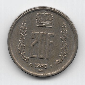 Luxemburg 20 francs 1980 KM# 58, Postzegels en Munten, Verzenden, Overige landen, Losse munt