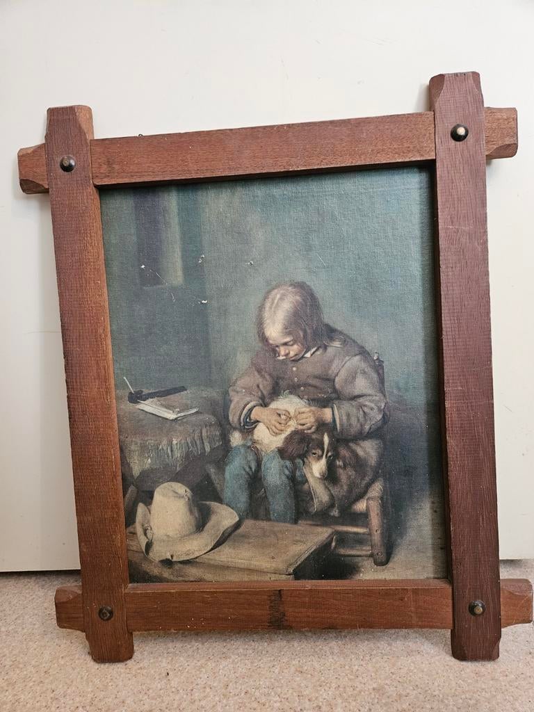 Vintage ingelijste prent van jongen met hond, Ophalen of Verzenden
