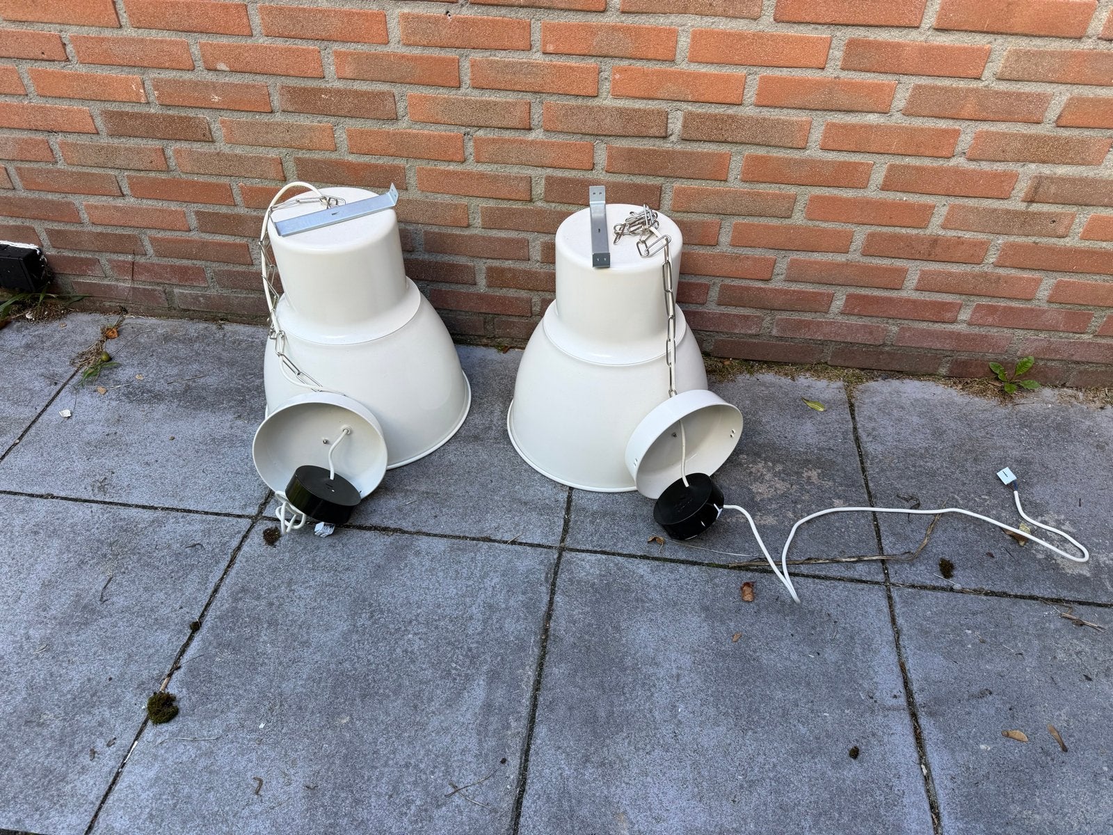 Set van 2 industriële hanglampen, wit metaal, Ophalen, Gebruikt, Metaal, E27 (groot)