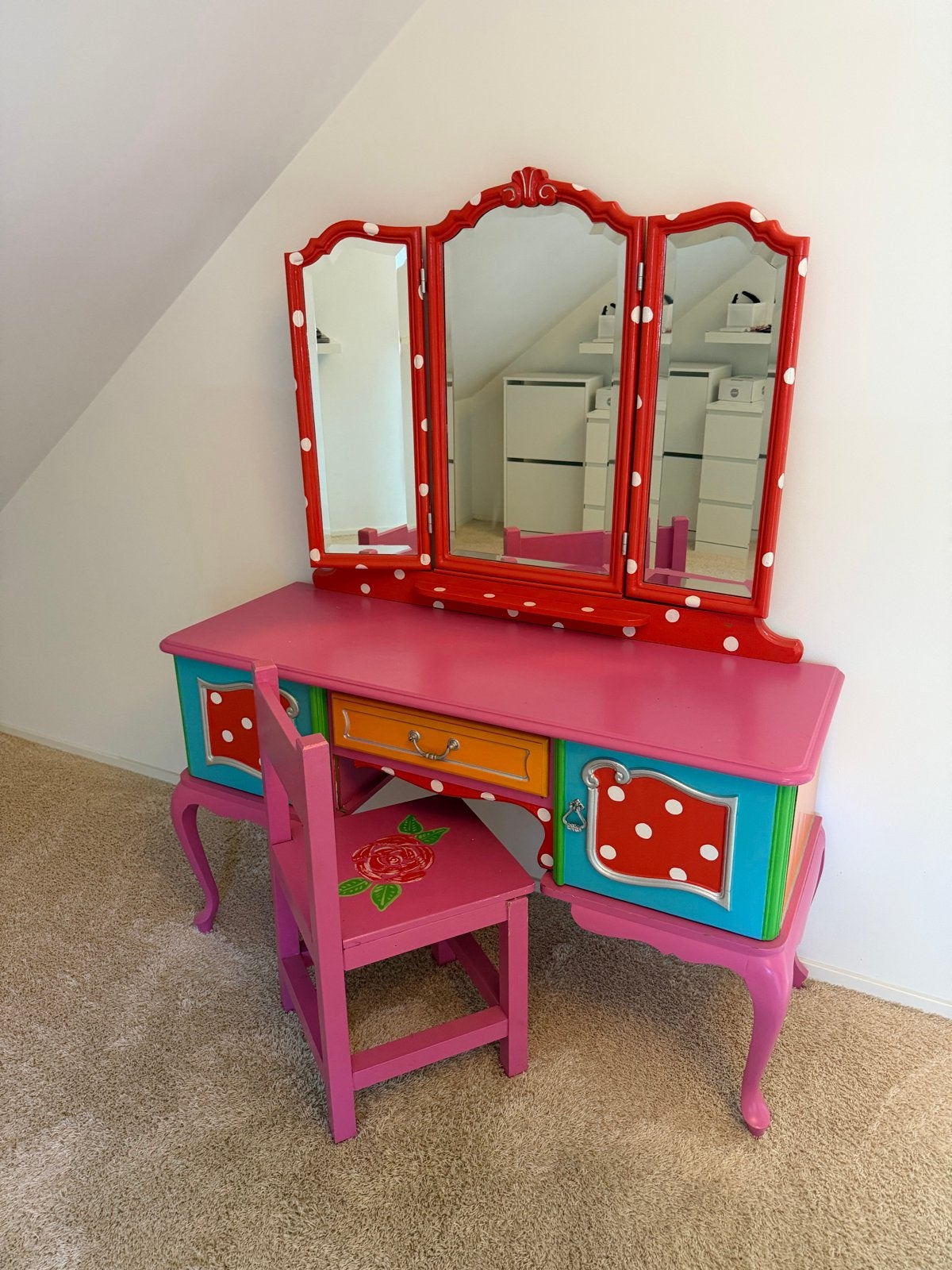 Kleurrijke Kaptafel met Spiegel en Stoel, Ophalen, Gebruikt, 100 tot 150 cm, Minder dan 100 cm