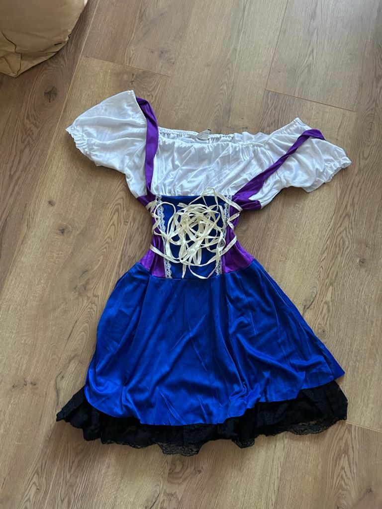 Carnavalsjurk blauw/paars met wit en kant maat S, Kinderen en Baby's, Carnavalskleding en Verkleedspullen, Gebruikt, Ophalen