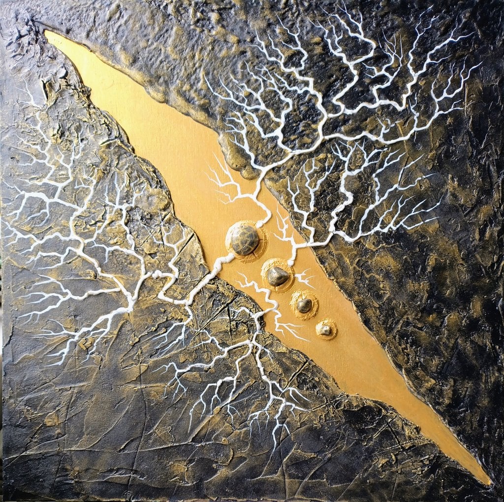 Abstract schilderij met textuur en 3D-effect, Antiek en Kunst, 3D-effect, Abstract, Ophalen of Verzenden, Gemengde techniek
