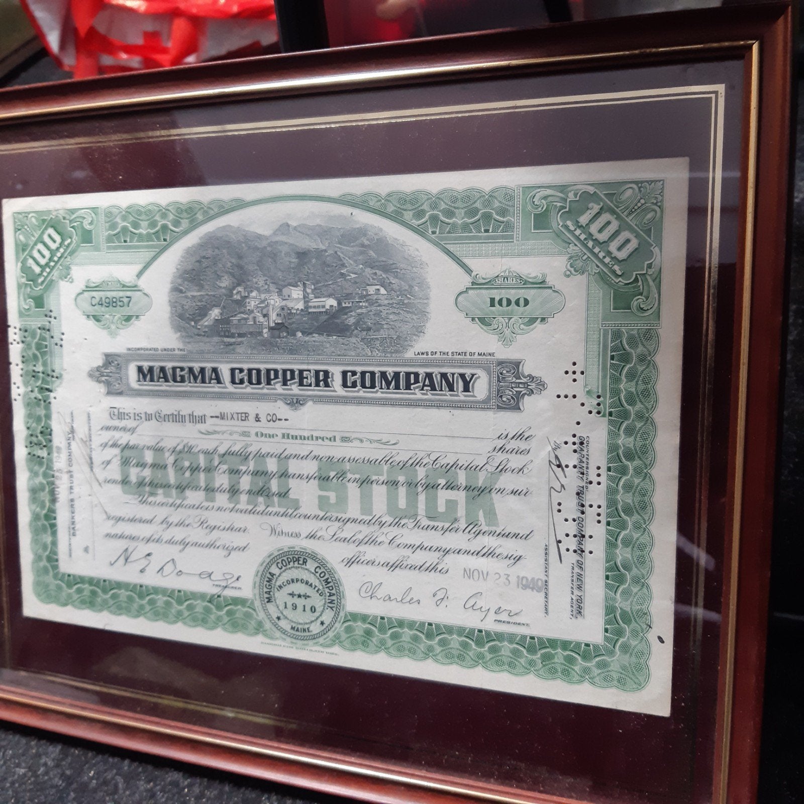 Ingelijst aandeel Magma Copper Company 1910, Ophalen of Verzenden, Voor 1920, Aandeel