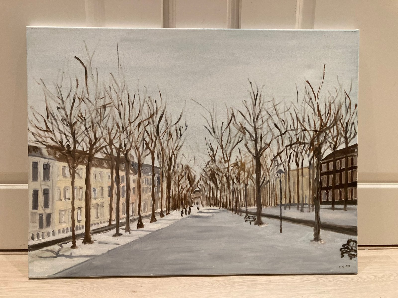 Lange Voorhout met sneeuw (Den haag), Doek, Realistisch, Ophalen of Verzenden, Olieverf