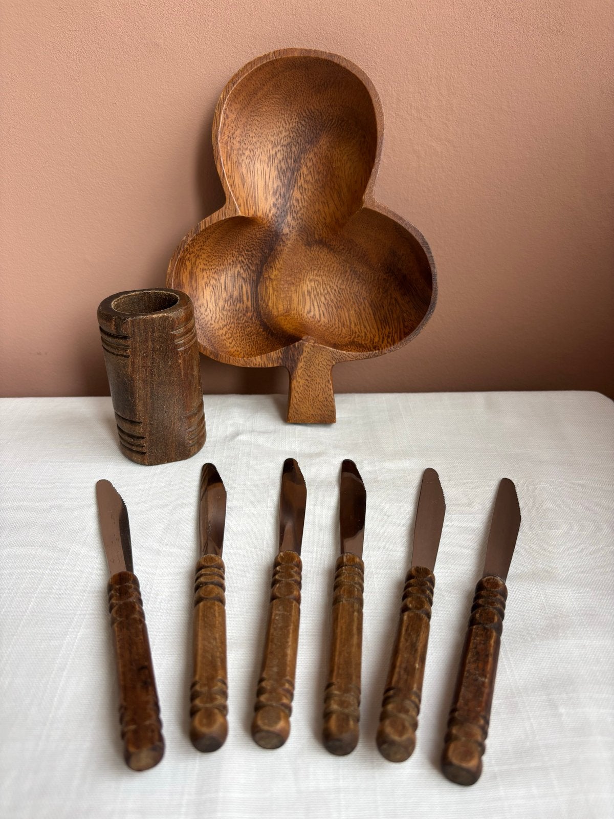Vintage houten borrelset - klaverblad schaal en mesjes, Ophalen of Verzenden