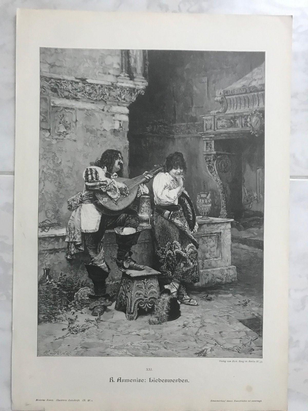R. Armenise, Liebeswerben, 1894, or. gravure, 32x23cm., mooi, Antiek en Kunst, Dagelijks leven, 1800 - 1899, 23 cm, Ophalen of Verzenden