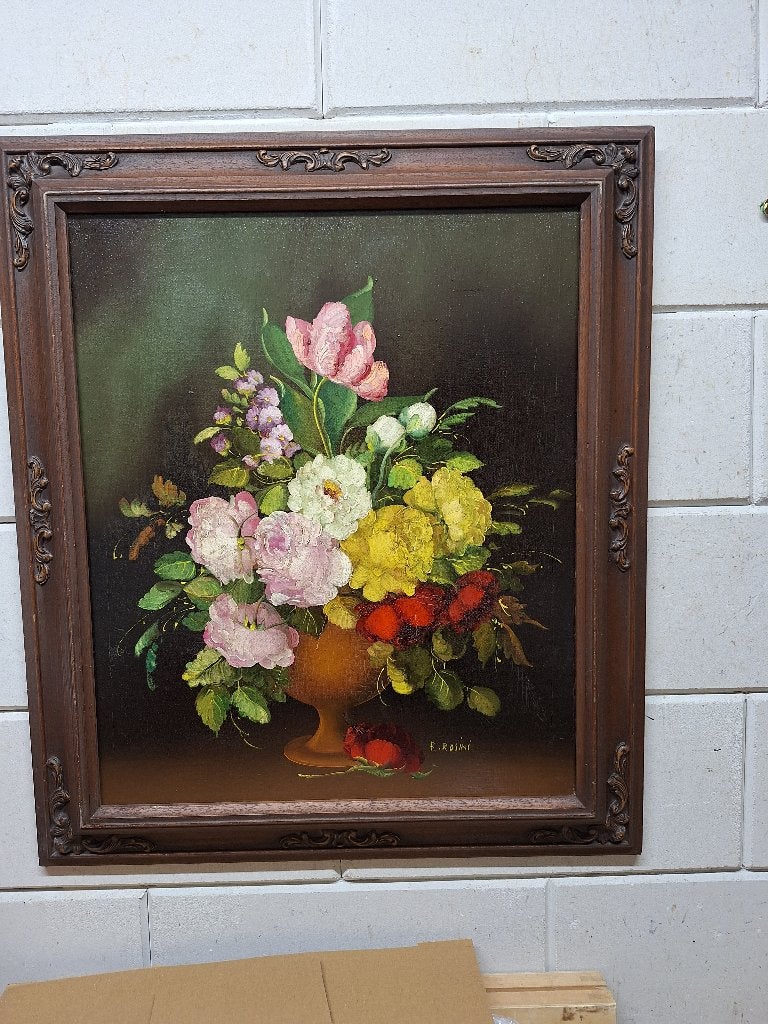 Klassiek bloemstilleven olieverfschilderij in lijst, Bloemen, Ingelijst, Doek, Ophalen of Verzenden