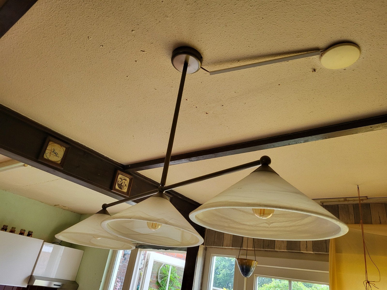 Vintage Plafondlamp met 3 Glazen Kappen - Jaren '80 Stijl, Gebruikt, Vintage, Jaren '80, Retro, Glas, E27 (groot)