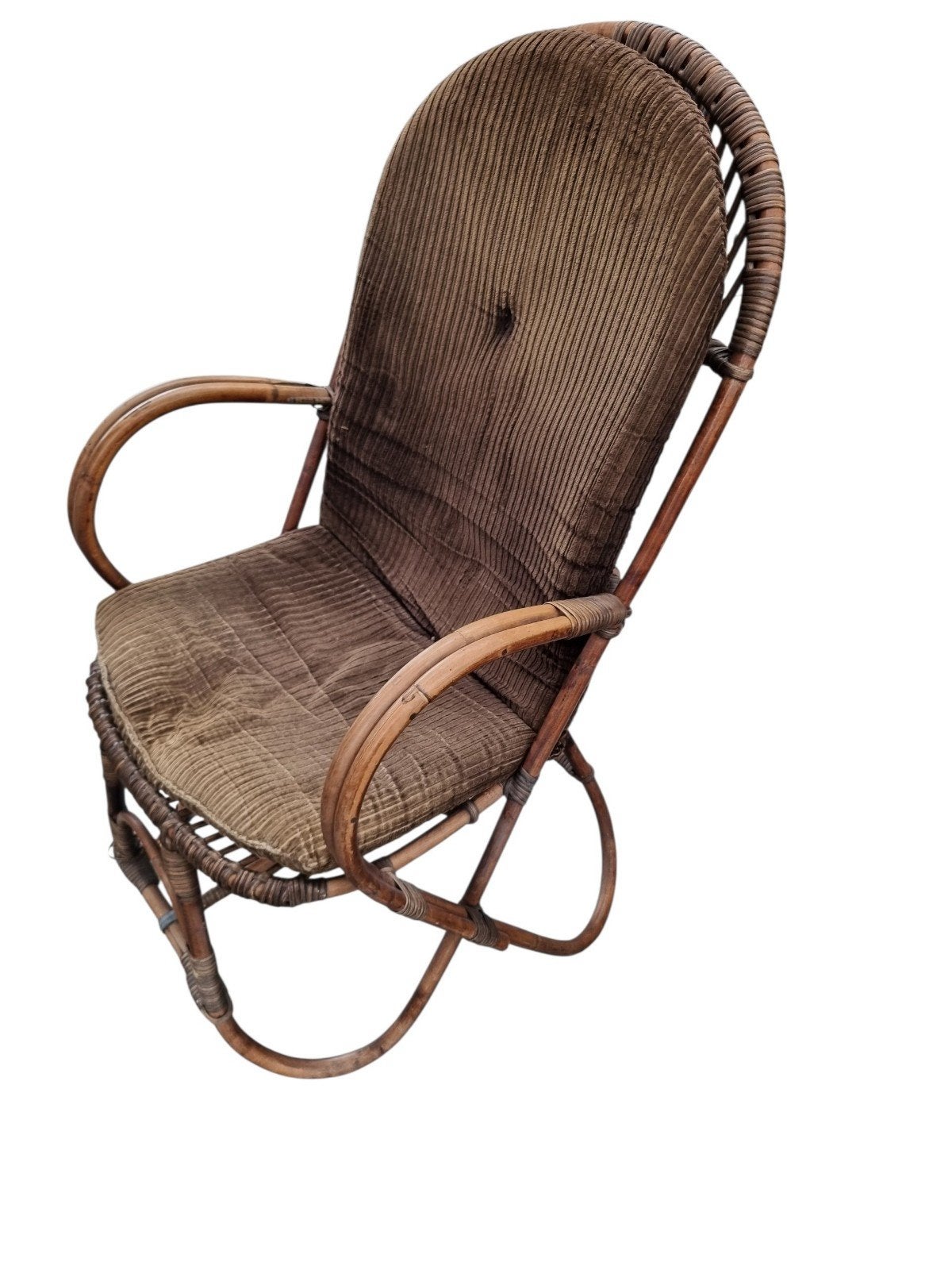 Vintage rotan schommelstoel met bruin kussen, Ophalen, Gebruikt, Bruin, Vintage