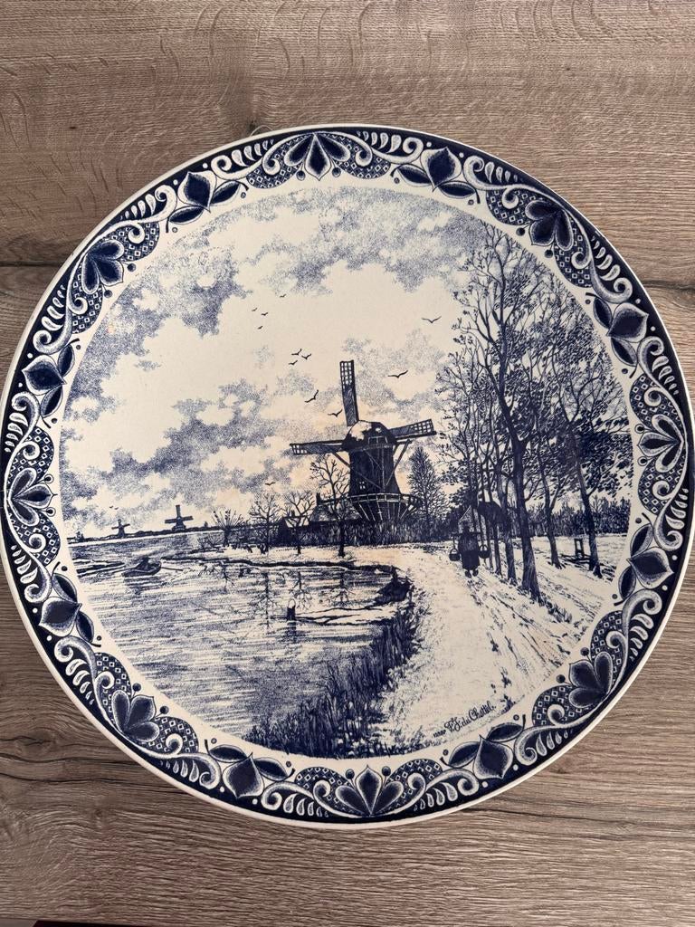 Origineel Blauw Delfts Handwerk Wandbord Molenlandschap, Antiek en Kunst, Ophalen