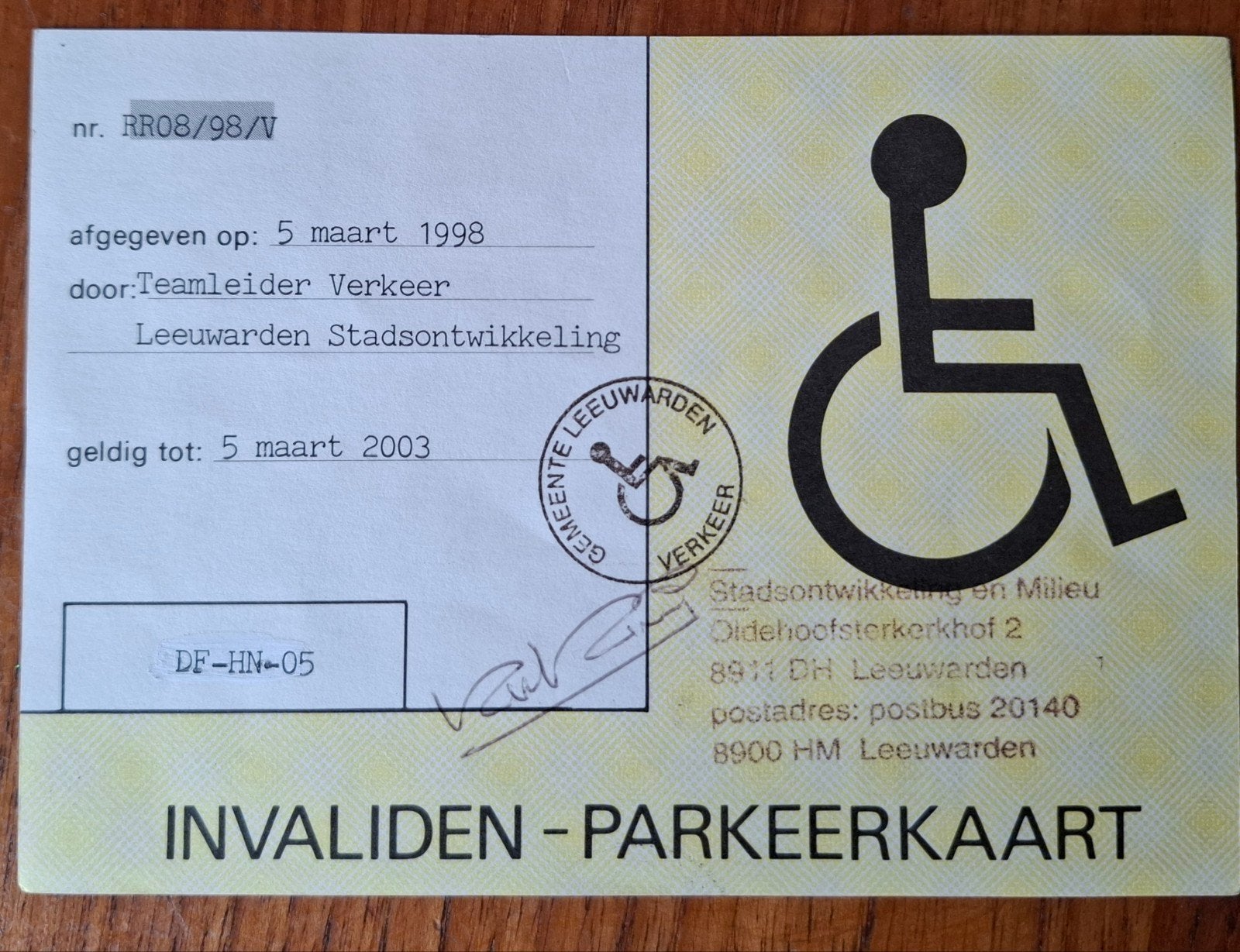 Oude Invaliden Parkeerkaart Gemeente Leeuwarden 1998, Ophalen of Verzenden, Gebruikt