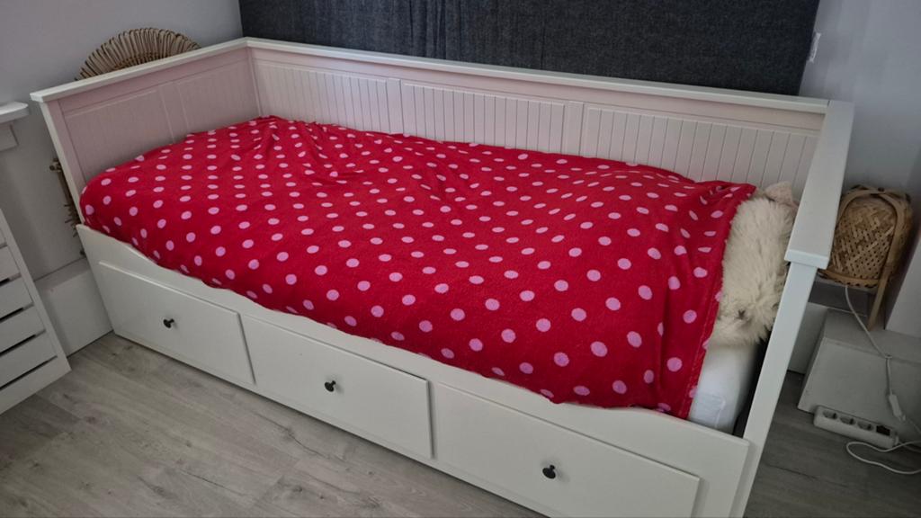 IKEA Hemnes Bedbank uitschuifbaar met 3 lades + matras, Ophalen, Gebruikt, Wit, Tweepersoons