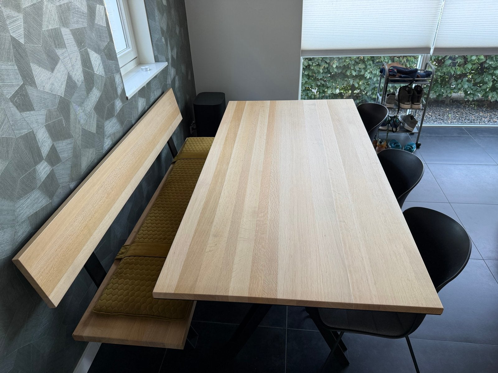 Complete Lijnm eiken 180 x 90 eettafel en dinerbank set, Ophalen, Eikenhout, 50 tot 100 cm, Zo goed als nieuw