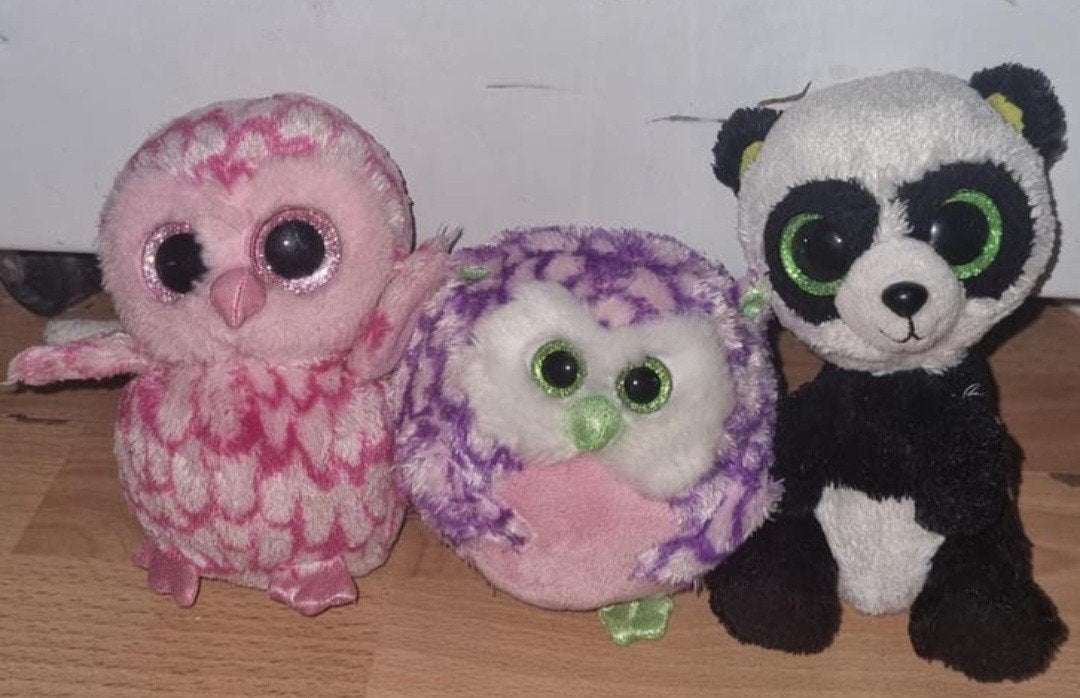 3 Glitteroog Knuffels: Uil, Uiltje en Panda, Overige typen, Ophalen of Verzenden, Zo goed als nieuw, Roze
