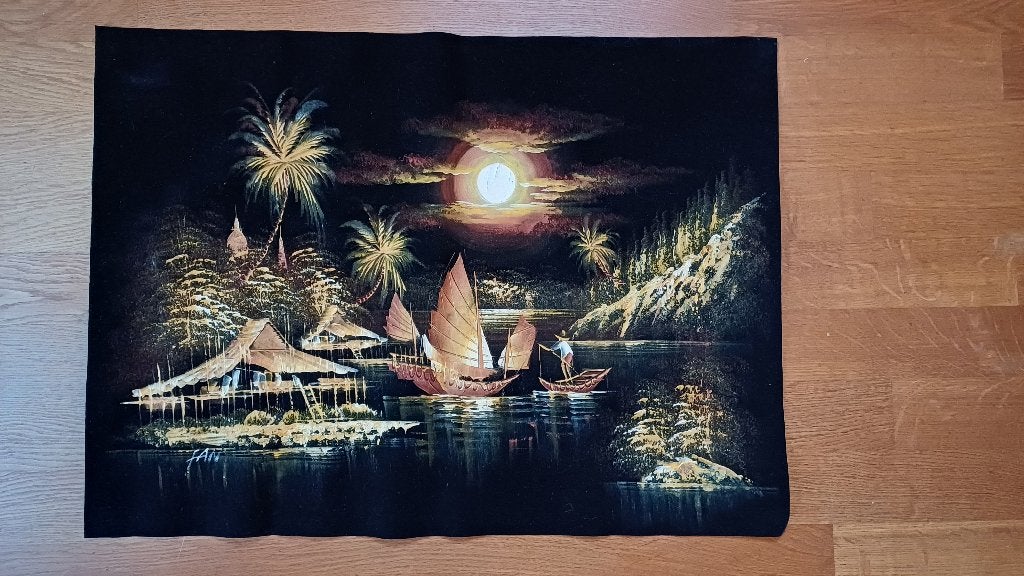 Origineel Thais Schilderij op Textiel 68,5 x 50,5 cm, 50 cm, Ophalen of Verzenden, Handgemaakt, Geel