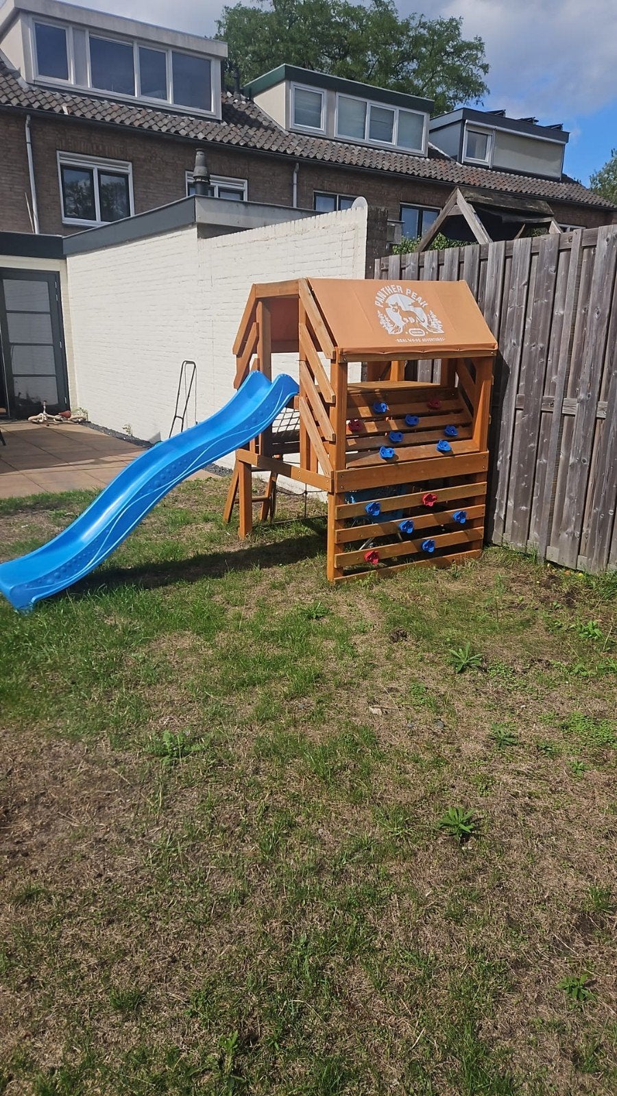 Houten speelhuisje met glijbaan en extra schommelbalk, Kinderen en Baby's, Ophalen, Gebruikt, Glijbaan, Aanbouwonderdeel
