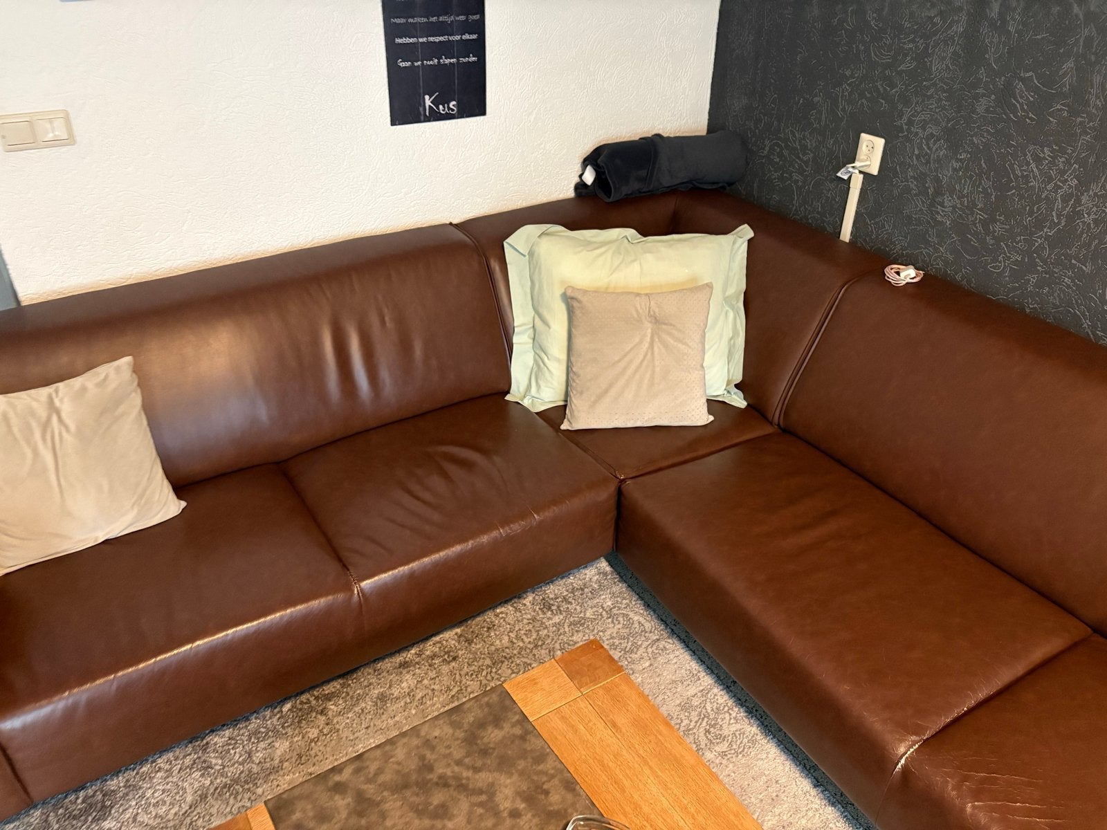 Comfortabele bruine lederen hoekbank, Ophalen, Gebruikt, 100 tot 125 cm, Hoekbank