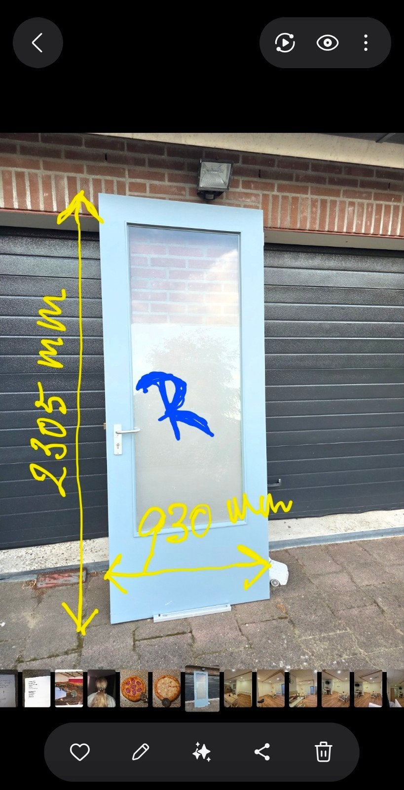 Lichtblauwe hardhouten deur met gelaagd Glas - 230.5x93 cm, Ophalen, Gebruikt, 80 tot 100 cm, 215 cm of meer