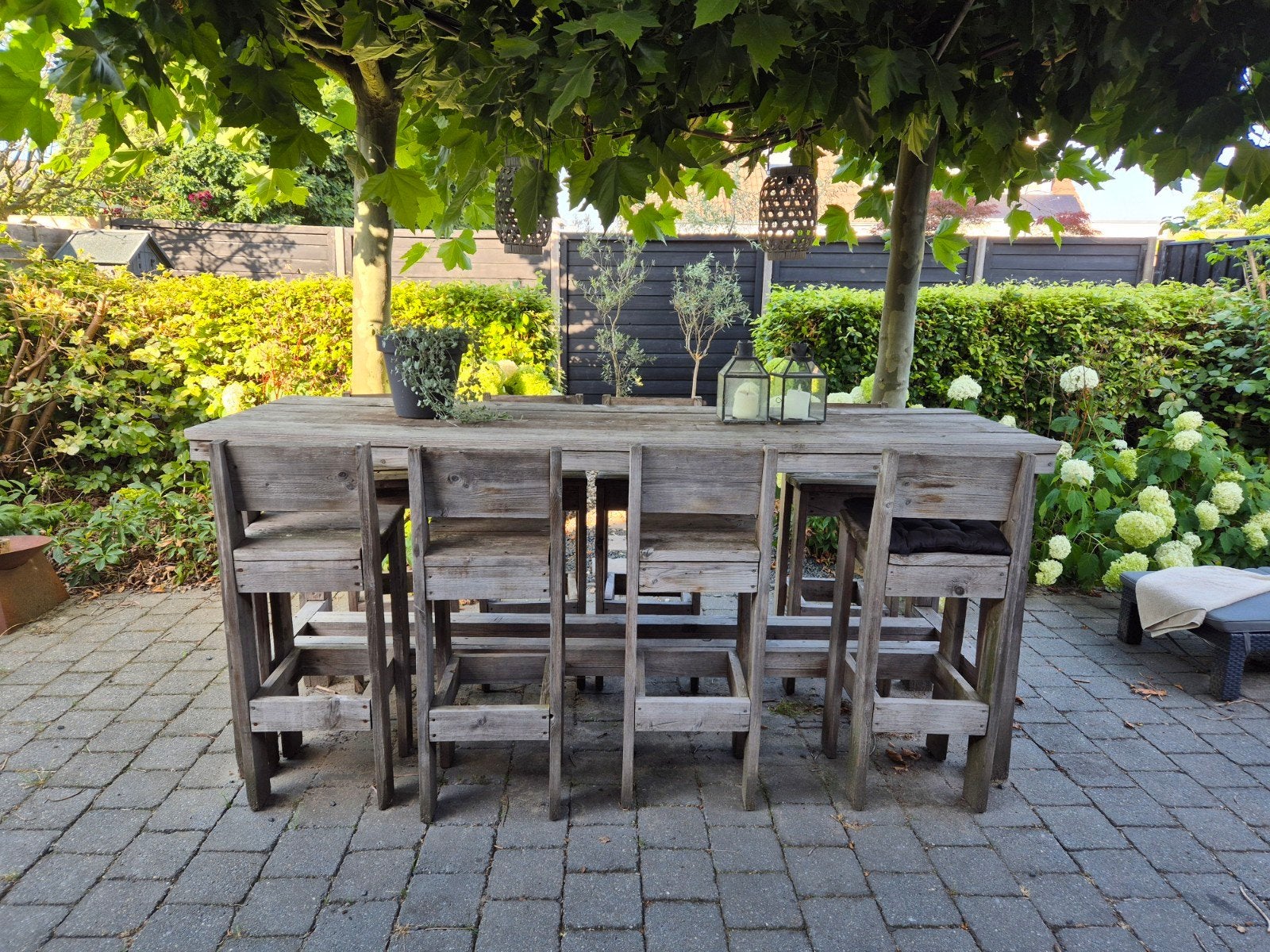 Houten bartafel met 8 krukken, Ophalen, Gebruikt, Rechthoekig, Hout