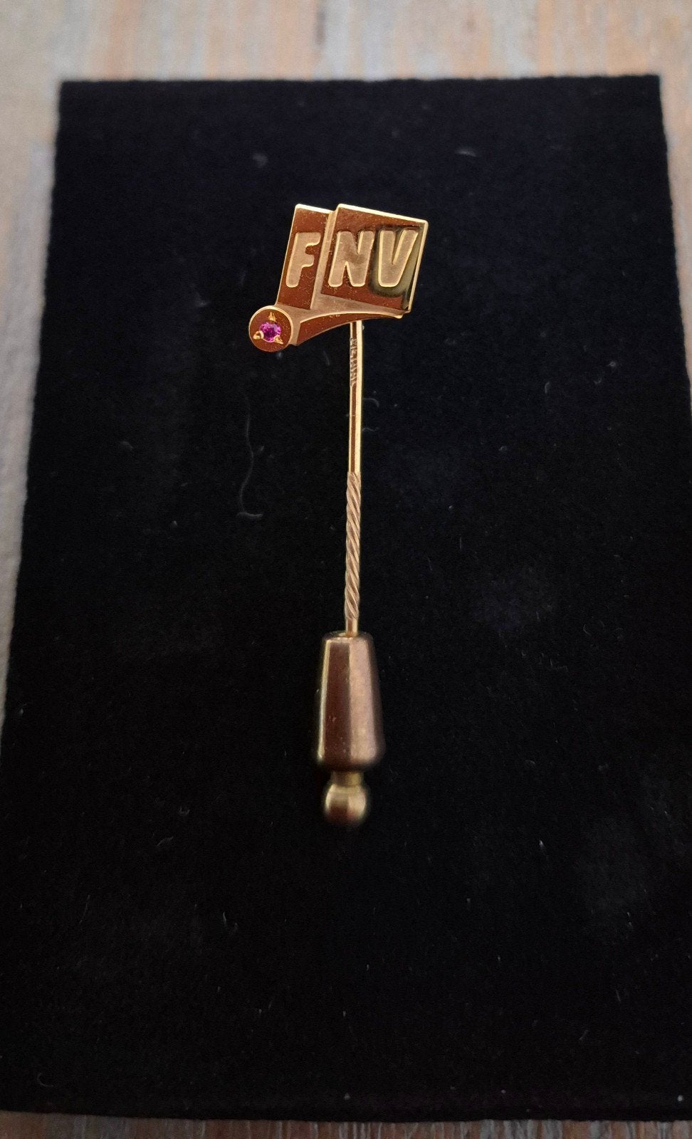 Gouden (14k) FNV Jubileumspeld met Robijn, Minder dan 4 cm, Ophalen of Verzenden, Zo goed als nieuw, Met edelsteen