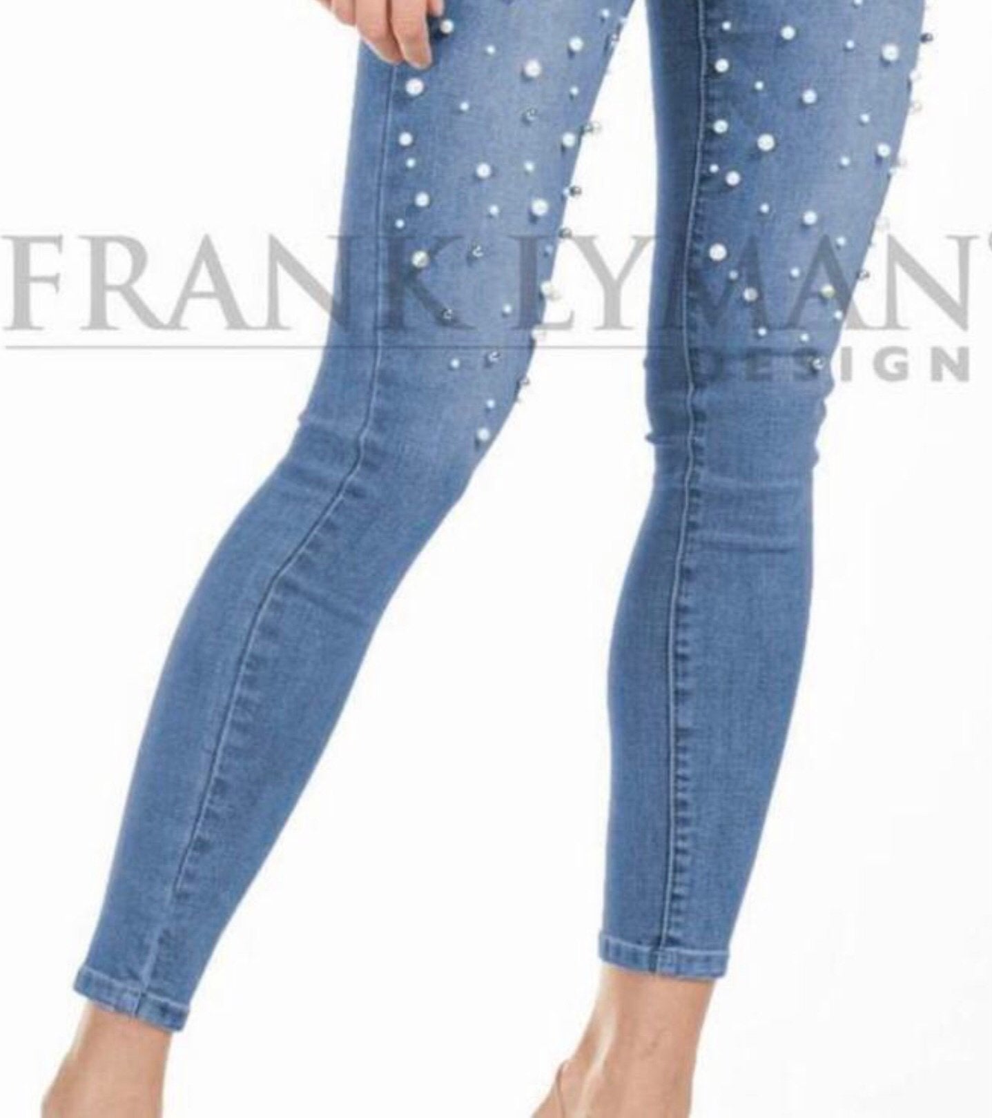 Frank Lyman superstretch jeans blauw pareltjes accent L(42 ), Maat 42/44 (L), Zo goed als nieuw, Lang, Verzenden