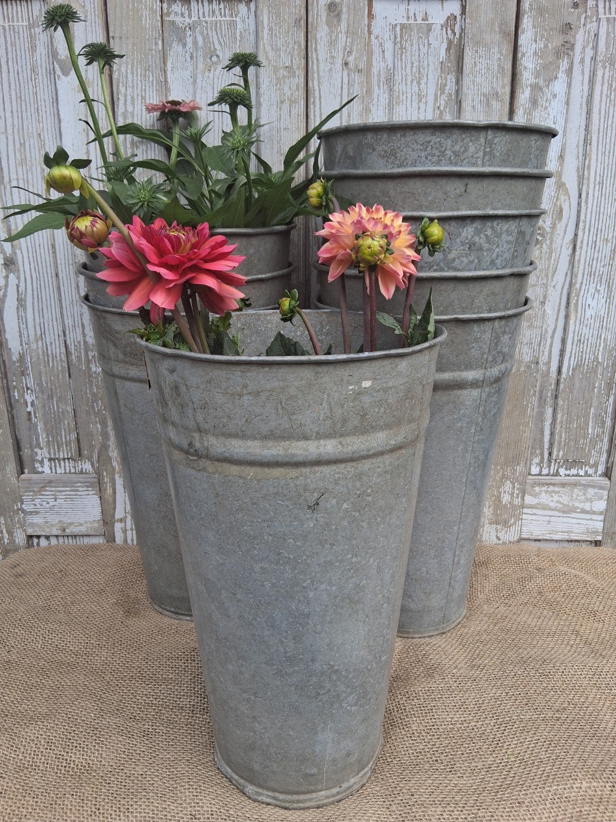 Zinken bloemistenvaas / bloemen emmer, brocante, Ophalen of Verzenden