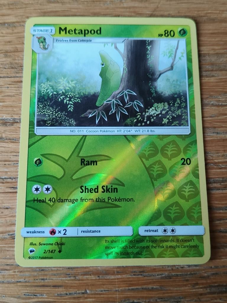 Metapod reverse holo 002/147 burning shadows, Ophalen of Verzenden, Zo goed als nieuw, Losse kaart, Foil