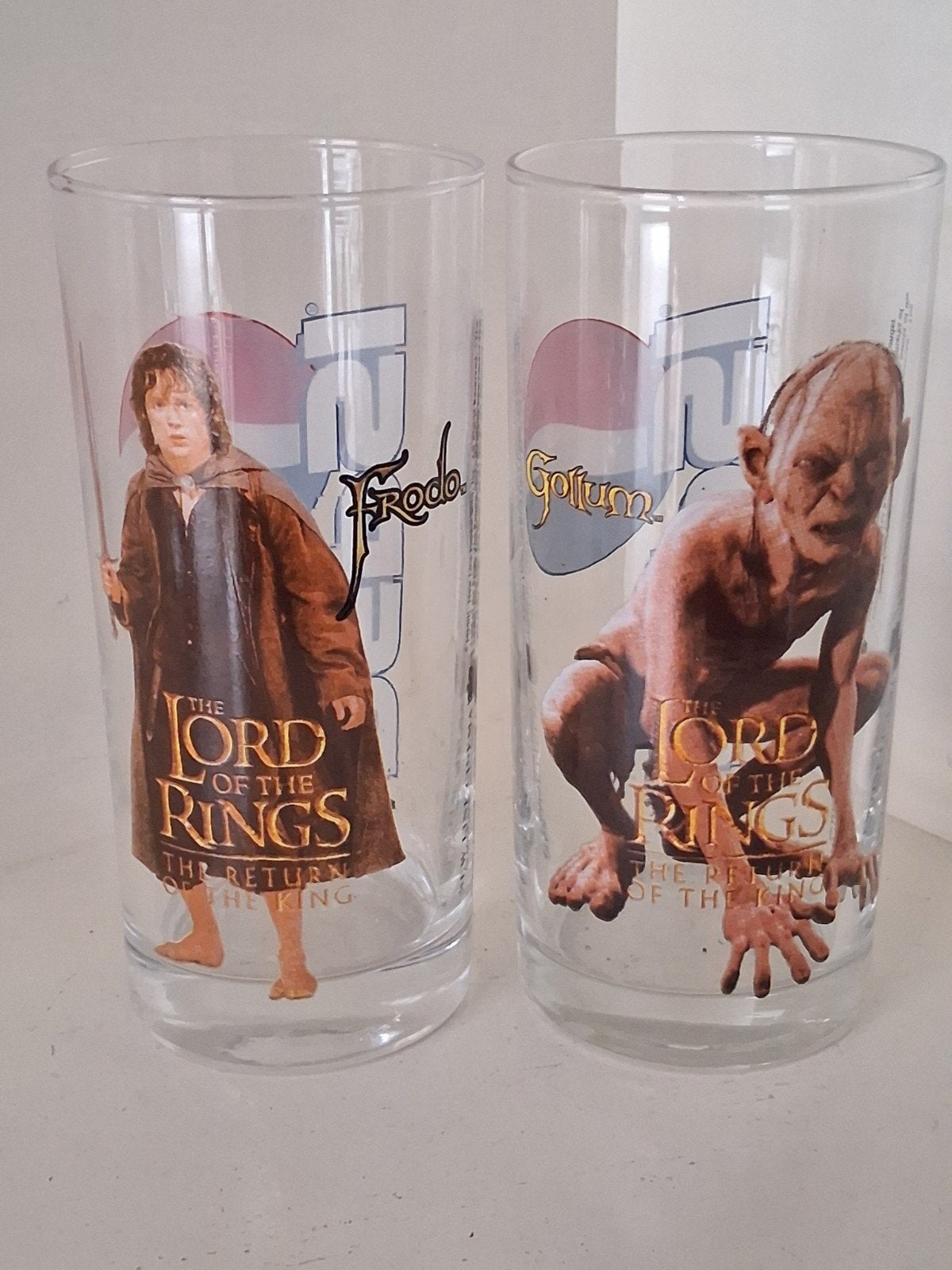 Lord of the Rings Pepsi Glazen (2003) - Frodo & Gollum, Verzamelen, Ophalen of Verzenden, Zo goed als nieuw, Frisdrankglas