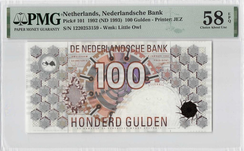 Vrijwel UNC biljet 100 gulden Steenuil, 1992 | PMG 58 EPQ, Ophalen of Verzenden, 100 gulden