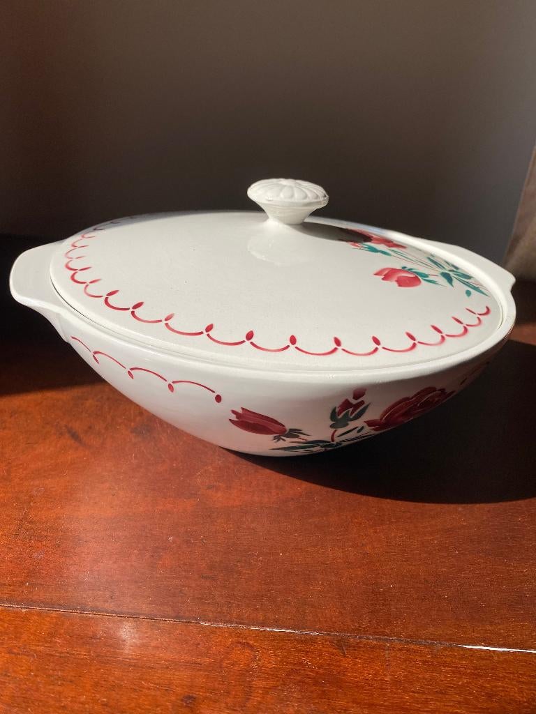 Brocante Franse dekschaal gebloemd met deksel, Antiek en Kunst, Curiosa en Brocante, Ophalen of Verzenden