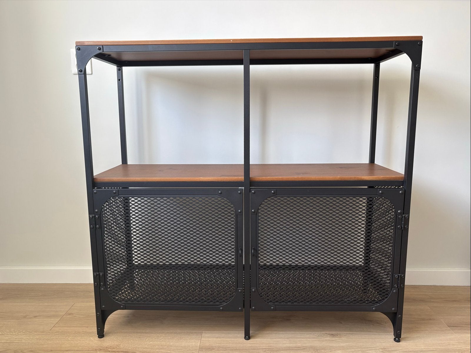 Industrieel dressoir/opbergkastje - Zwart metaal & Houtlook, Ophalen, Gebruikt, 100 tot 150 cm, Metaal