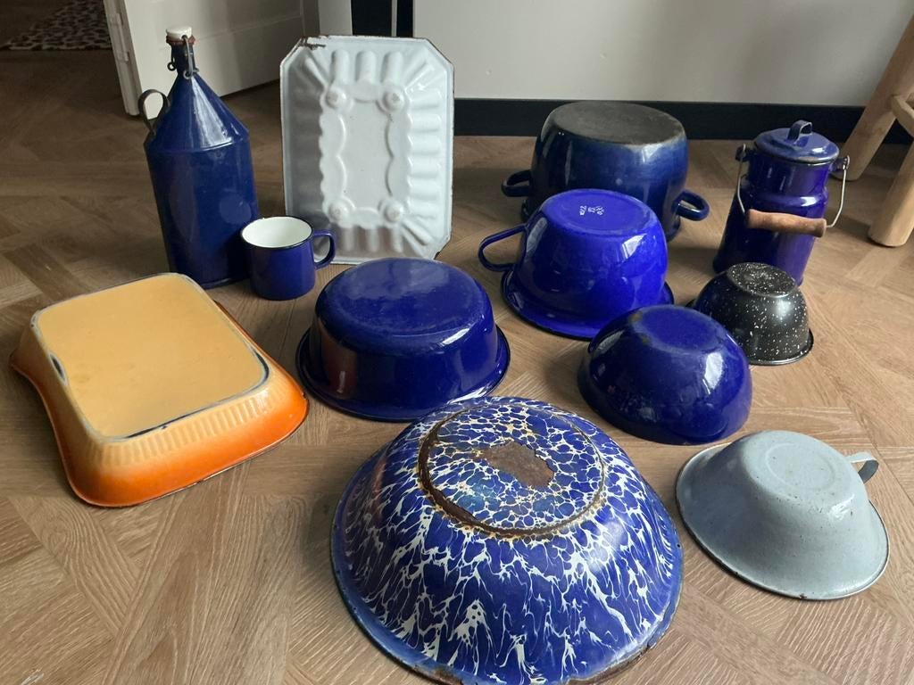 Brocant emaille,oud blauw emaille veldfles,emaille po kan, Ophalen