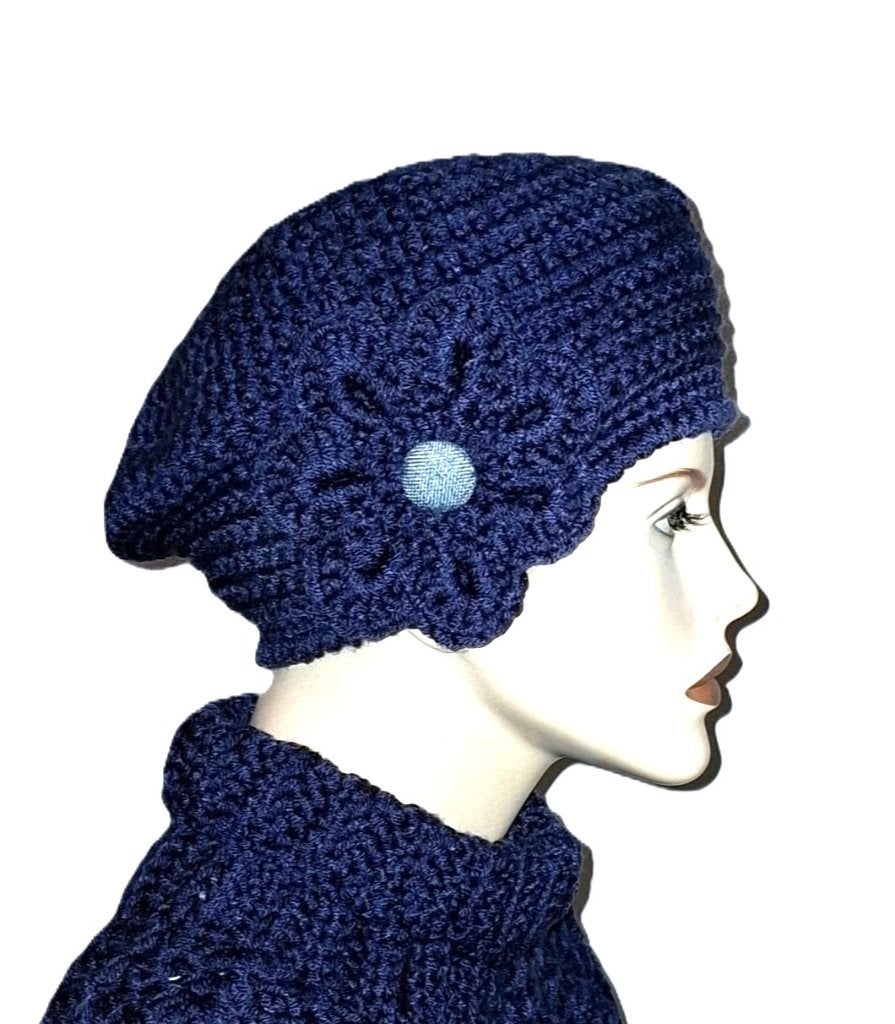 Baret met col donkerblauw, Handgemaakt, Verzenden, Nieuw, Sjaal