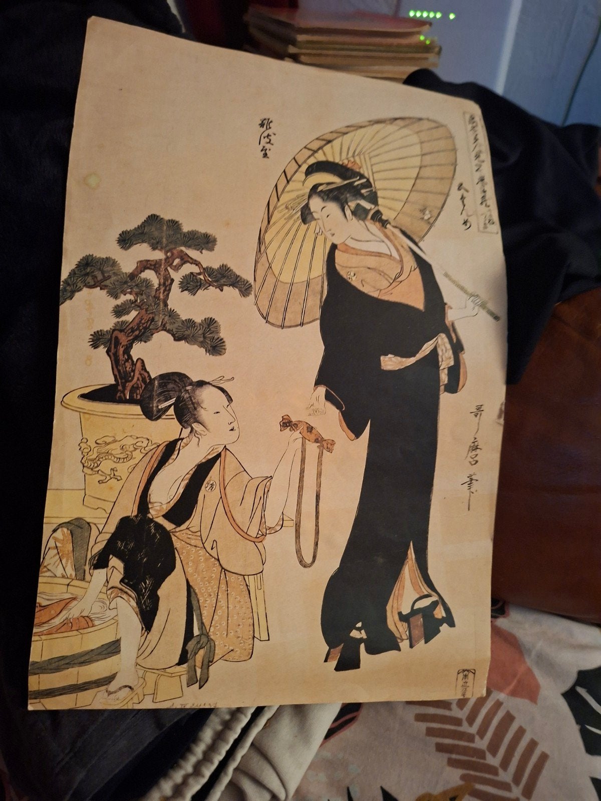 Antieke Japanse Ukiyo-e Houtsnede - Geisha met parasol, Ophalen, Print, Prent, Origineel